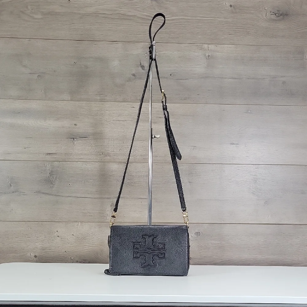 Tory Burch Black Pebbled Leather Flap Front Crossbody Bag